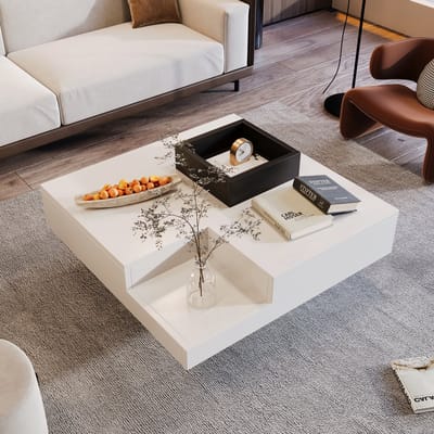 Wishdor Salontafel Hoogglans met Afneembare Opbergbox | Wit-Zwart Colorblock, Meerkleurige LED-kleurwissel, 72×72×30 cm