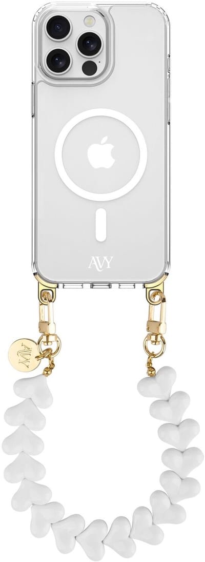 AVY Hoesje geschikt voor Apple iPhone 13 Pro | Compatibel met MagSafe | Clear Case met Telefoonkoord 30CM | Polsband Cupid White