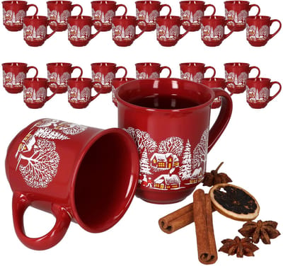3160100 - Set van 36 glühwein mokken in donkerrood met kerstlandschap 0,2 liter, gekalibreerd