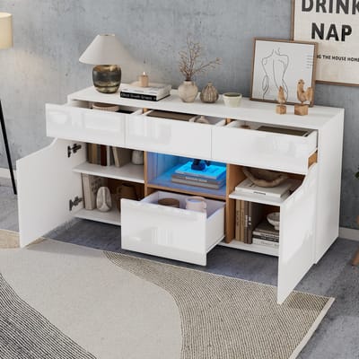 MODENUIT Dressoir - 4 Laden En LED Met Hoogglans Front - Voor Woonkamer - Spaanplaat Wit/Houtkleur - 140x40x70 Cm
