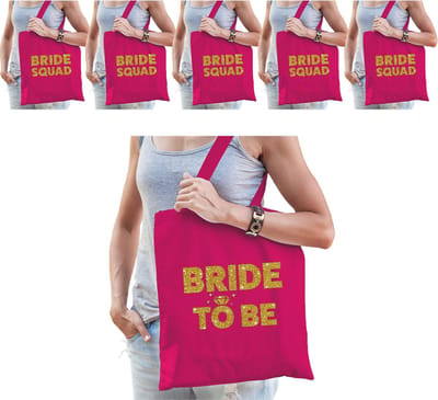 Pakket Vrijgezellenfeest vrouw tasjes/ goodiebag - 1x Bride to Be roze goud + 5x Bride Squad roze goud - Vrijgezellen dames