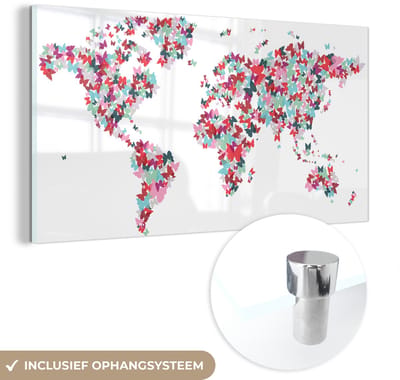 ® Glasschilderij 160x80 cm - Schilderij acrylglas - Wereldkaart - Kleuren - Vlinders - Kinderen - Jongens - Meisjes - Foto op glas - Muurdecoratie woonkamer - Wanddecoratie slaapkamer - Schilderijen