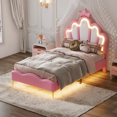 PHOEBE CAT Kinderbed - 90 x 200 cm - Kroonprinsesbed - PU-leer - LED-verlichting - Roze
