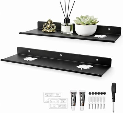 2-delige Wandplank 40cm - Zwevende Metalen Plank Zwart zonder Boren, Ideaal voor Keuken, Slaapkamer en Woonkamer - Perfect voor Foto's, Platen en Boeken