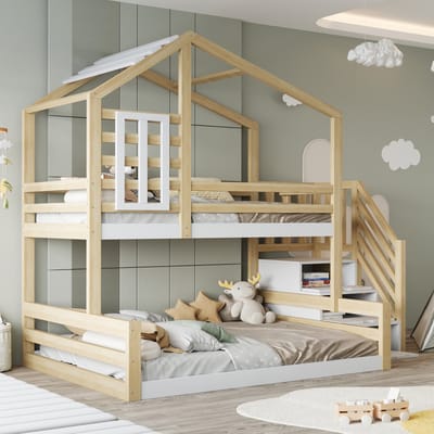 Wishdor Stapelbed 90x200/140x200 cm - Huisvorm met Raam & Opbergtrap - Speels & Veilig - Grenenhout & MDF - Naturel