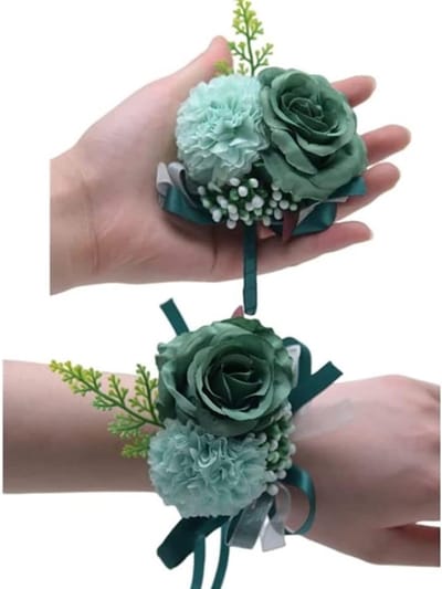 2 Stuks Roze Bloem Corsage en Boutonniere Set voor Bruiloft, Bruidsmeisje en Prom Decoraties met Witte Rozen en Elegante Polsbanden