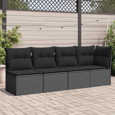 vidaXL - Tuinbank - met - kussens - 4-zits - zwart - poly - rattan
