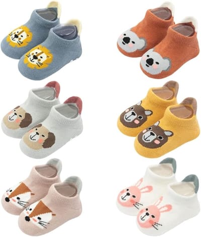 6 paar antislip katoenen babysokjes met dierenmotief