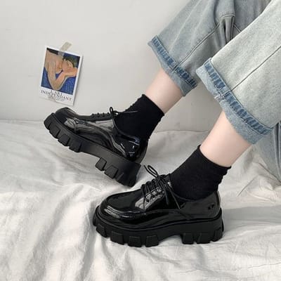 Zwarte Lakleren Plateauschoenen Dames Gothic Veterschoenen Dikke Hakken Vrouw Japanse Stijl Studentenschoenen Dames 36 gray