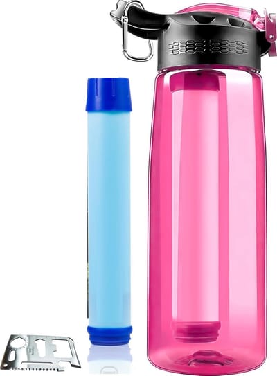 PolkaHome Filterfles + Actieve Kool Survival Riet - Waterfilterfles Nomadisch: Reizen Wandelen Trek Camping Herbruikbare Reinigingsset + Plastic Kompas Regenzak Ramp