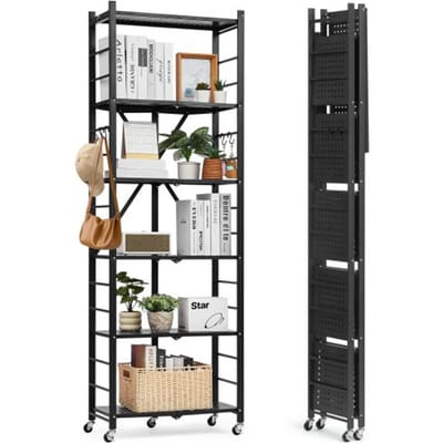 VEVOR 6-laags opvouwbare planken met wielen, 30 x 61 x 183 cm, opvouwbare, robuuste plankenkast, vrijstaande plankenkast, huishoudelijke plankenkast, keukenplankenkast, metalen plankenkast voor garage, keuken, kelder, zwart