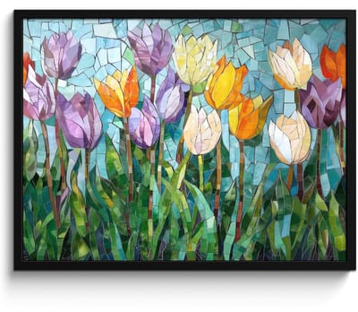 Poster in lijst - Fotolijst 70x50 cm - Posters - Mozaïek - Veld - Tulpen - Kleurrijk - Posterlijst zwart - Decoratie - Wanddecoratie woonkamer - Muurdecoratie slaapkamer