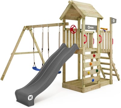 Wickey MultiFlyer Speeltoestel met Houten Dak - Dubbele schommel met Glijbaan - Klimwand & Zandbak - 293x406x260 cm - Antraciet