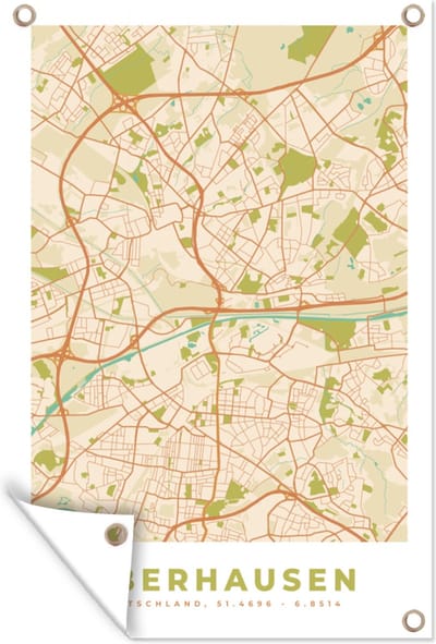Muurdecoratie Kaart - Oberhausen - Stadskaart - Vintage - Plattegrond - 120x180 cm - Tuinposter - Tuindoek