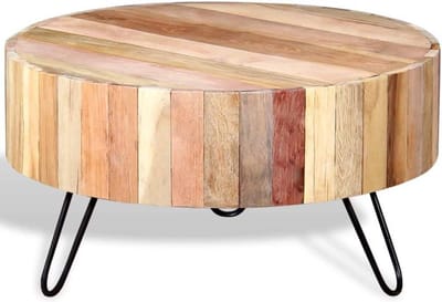 Bijzettafel Rond - Salontafel Hout - Woonkamer Decoratie - Handgemaakt Gerecycled Hout - 70 x 38 cm - Beige