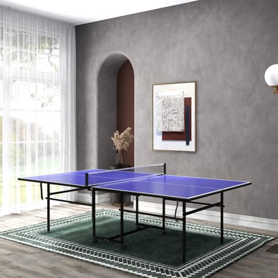 MEUNIQ Tafeltennistafel 274 x 152,5 x 75,5 cm opvouwbaar met wielen, net, 2 bats en 3 ballen, indoor en outdoor, blauw
