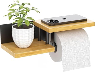 Famanu – Toiletrolhouder met bamboe plank, wandmontage of zelfklevend, luxe uitvoering, zwart