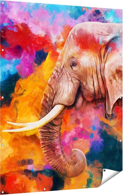 Gards Tuinposter Kleurrijke Olifant - Abstract - 120x160 cm - Tuindoek - Tuindecoratie - Wanddecoratie buiten - Tuinschilderij