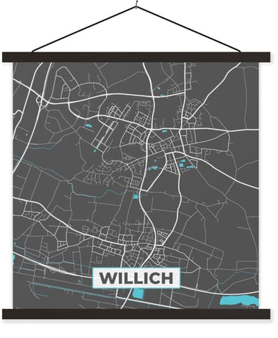 Posterhanger incl. Poster 60x60 cm - Schoolplaat - Stadskaart – Plattegrond – Duitsland – Blauw – Willich – Kaart - Textielposter - Zwarte latten - Stadskaart