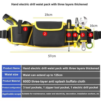 Ceinture porte-outils pour perceuse, sac à outils, ceinture utilitaire résistante à l'usure, tablier de travail pour électricien, charpentier, bricoleur, plombier jaune