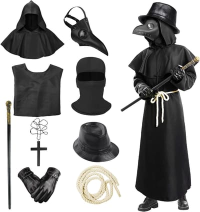 Halloween Plague Doctor Kostuum Set met Masker, Scepter, Hoed, Handschoenen en Kruis Ketting voor Cosplay en Carnaval