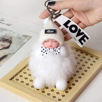 Schattige Slapende Baby Sleutelhanger Bedeltje Schattige Pluizige Pluche Pop Auto Sleutelhanger Mode Vrouwen Tas Bedeltje Rugzak Decoratie Cadeau wit
