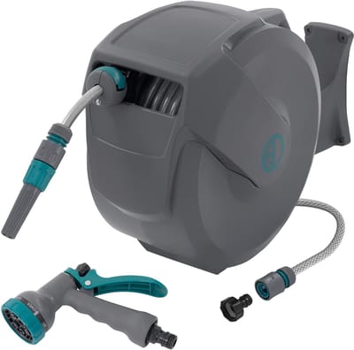 Slanghaspel 20m+2m slanghaspel Aan de muur gemonteerde slangbox RollUp met vergrendeling en 9 sproeifuncties 180° draaibaar