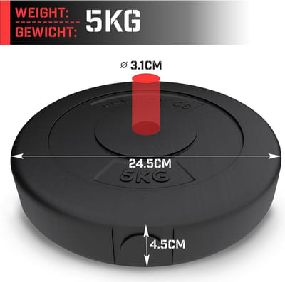 Physionics - Halterschijven - Set van 2 x 5 kg - Diameter 30 mm - Kunststof Behuizing - Set van 2 Gewichtsschijven - Gewichten voor Dumbbell/Barbell - Zwart