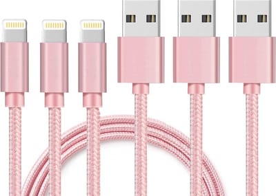 3x Lightning naar USB A Nylon Gevlochten Kabel Roze - 1 meter - Oplaadkabel voor iPhone 14 / 14 PLUS / 14 PRO / 14 PRO MAX / 13 / 13 MINI / 13 PRO / 13 PRO MAX