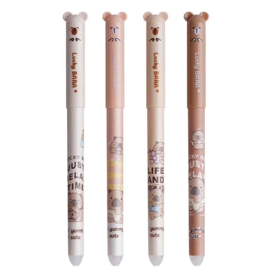 Ainy Lucky Capybara dieren uitwisbare pen set | 4 uitgumbare pennen voor etui , pennenzak of pennenbak | Zwarte Inkt | Capibara knuffel design | Ideale manga anime teken balpennen | Uitgumbare gelpennen schrijfwarenset voor kinderen en volwassenen