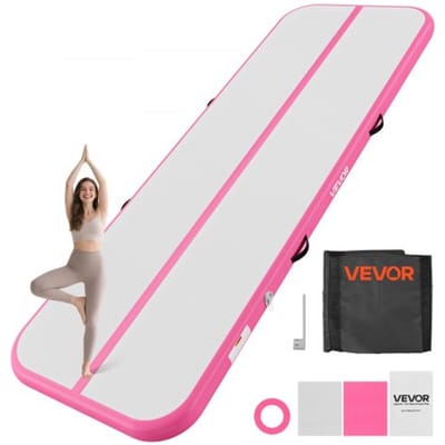 VEVOR Opblaasbare Gymnastiekmat 300x100x10 cm Airtrack Gymnastiekmat voor Training, Wedstrijdsporten en Yoga, met Antislipoppervlak, 600W Elektrische Luchtpomp, Reparatiepatch, Mondstukken en Tas, Roze