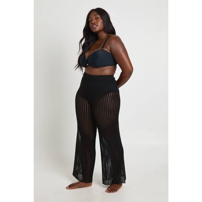 boohoo Dames Plus Strand Wijde Pijpen Gehaakte Broek | Zwart | Maat: 44