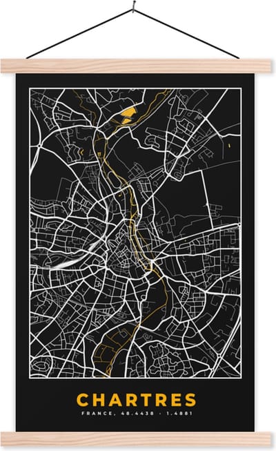 Posterhanger incl. Poster 40x60 cm - Schoolplaat - Kaart - Plattegrond - Frankrijk - Chartres - Stadskaart - Textielposter - Blanke latten - Stadskaart