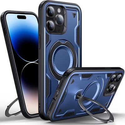 Magsafe Hoesje Geschikt voor iPhone 13 / 14 Hoesje Navy - Armor Hoesje met Met Draaibare Ring Houder