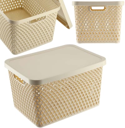 KADAX Opbergmand, mand met deksel, opbergkist, opbergdoos van plastic, moderne plankmand, container met ventilatiegaten (18 l, beige)