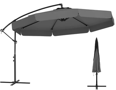 COSTWAY Parasol 300 cm, incl. beschermhoes, zweefparasol met zwengel en volant, hellingshoek verstelbaar, tuinscherm, marktparasol, terrasparasol voor tuin, zwembad, terras