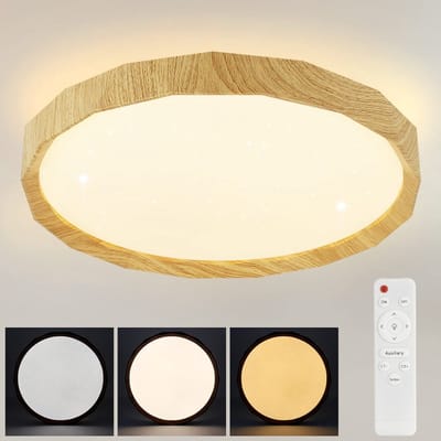 NETTLIFE Plafondlamp LED - Hout - rond - 3000-6000K Dimbaar - Metaal - 43W - Moderne Keukenverlichting - met Afstandsbediening - voor Woonkamer | Slaapkamer | Eetkamer - 40cm
