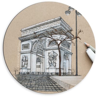 Dibond Wandcirkel - Tekening van een Stenen Monument - 60x60cm Foto op Aluminium Wandcirkel (met ophangsysteem)