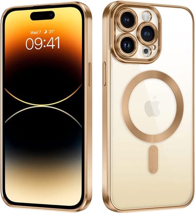 iPhone 14 Pro Magnetisch Hoesje Met Lensbeschermer - magsafe compatibel - siliconen - Transparant gekleurde rand - goud