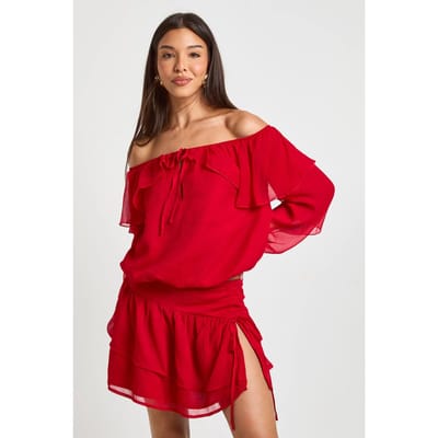 boohoo Dames Ruches Chiffon Rokje met Strikbandjes | Red | Maat: 6