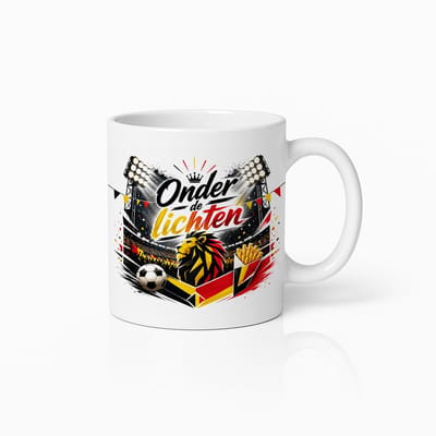 België Onder de Lichten Voetbal Mok – Belgische Leeuw Stadion Friet Design – Witte Koffiemok 330 ml – België Supporter Cadeau Beker