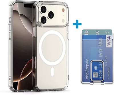 VOWLUX transparant hoesje en losse wallet pasjeshouder geschikt voor iPhone 17 Pro – MagSafe compatible met 32 magneten – pasjeshouder voor 2 pasjes – zilveren kleur – telefoonstandaard hoes case