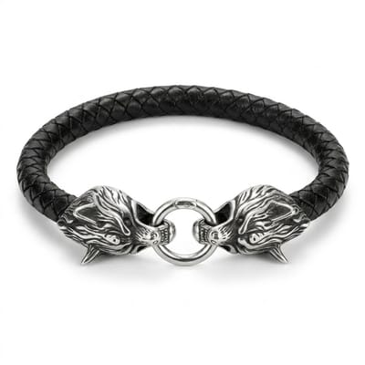 Zwart gevlochten heren armband met zilverkleurige wolfskoppen – metalen sluiting