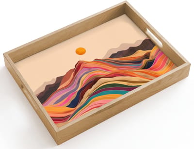 Dienblad hout 40x30 cm - Schootdienblad - Zon - Kleurrijk landschap - Bergen - Borrelplank rechthoek - Plateau dienbladen