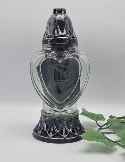 Herdenkingslicht - Woonwagen - Geëtst glas - Hart - Zilver - P39 - Grafkaars - Graflantaren - Graflicht - Windlicht