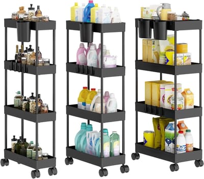 Mobiele Keuken Trolley op Wielen - 3 Extra Smalle Niveaus, Lichtgewicht Organizer voor Speelgoed en Keukenaccessoires (Zwart)