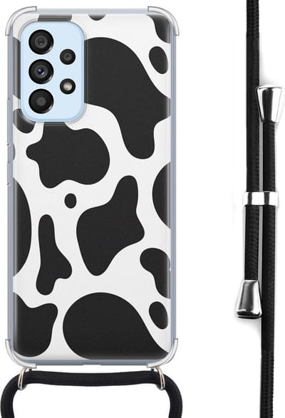 Hoesje met koord - Geschikt voor Samsung Galaxy A53 - Koeienprint - Verstelbaar zwart koord - Crossbody - Print / Illustratie - Zwart, Transparant, Wit - Leuke Telefoonhoesjes