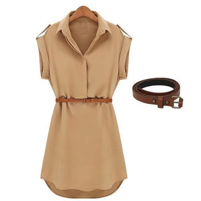 Dames zomer OL-jurk, casual zomerjurk met korte mouwen en riem XXL beige