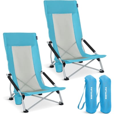 TRVLMORE Strandstoelen - Set van 2 - Inklapbaar en Opvouwbaar - 130KG Draagkracht - Lichtgewicht - Met Draagtas en Bekerhouder - Hoge Leuning - Blauw