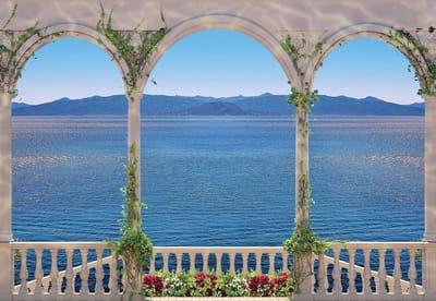 Fotobehang  Tropical View Through Arches | XL - 208cm x 146cm | 130g/m2 Vlies